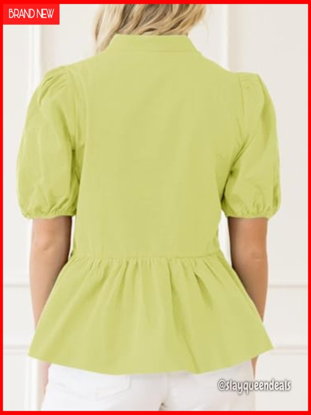 Puff Sleeve Peplum Blouse V Neck Babydoll Top Loose Fit - Picture 6 of 7